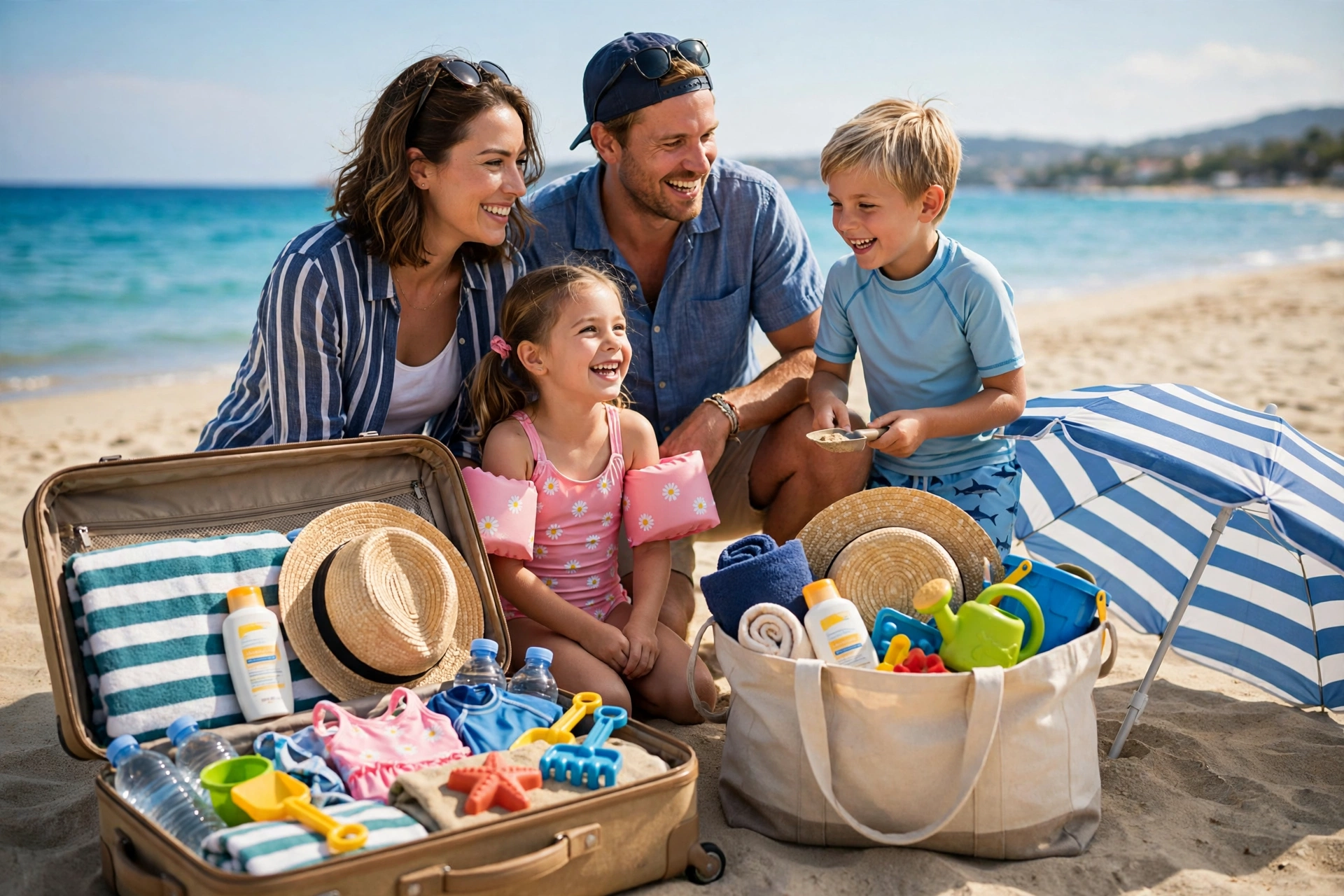 Family packing for a beach vacation with kids, with towels, sunscreen, hats and beach toys beside an open suitcase on the sand