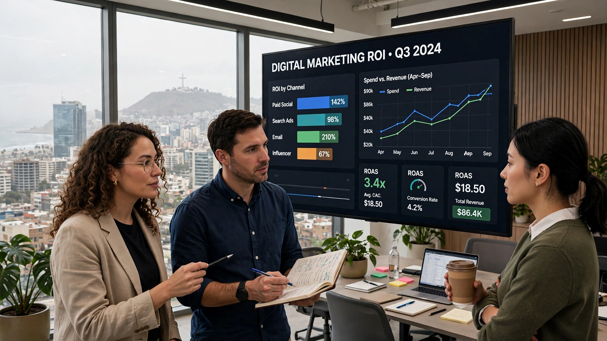 Marketing team reviewing digital marketing ROI analytics on a screen with the Lima, Peru skyline behind them