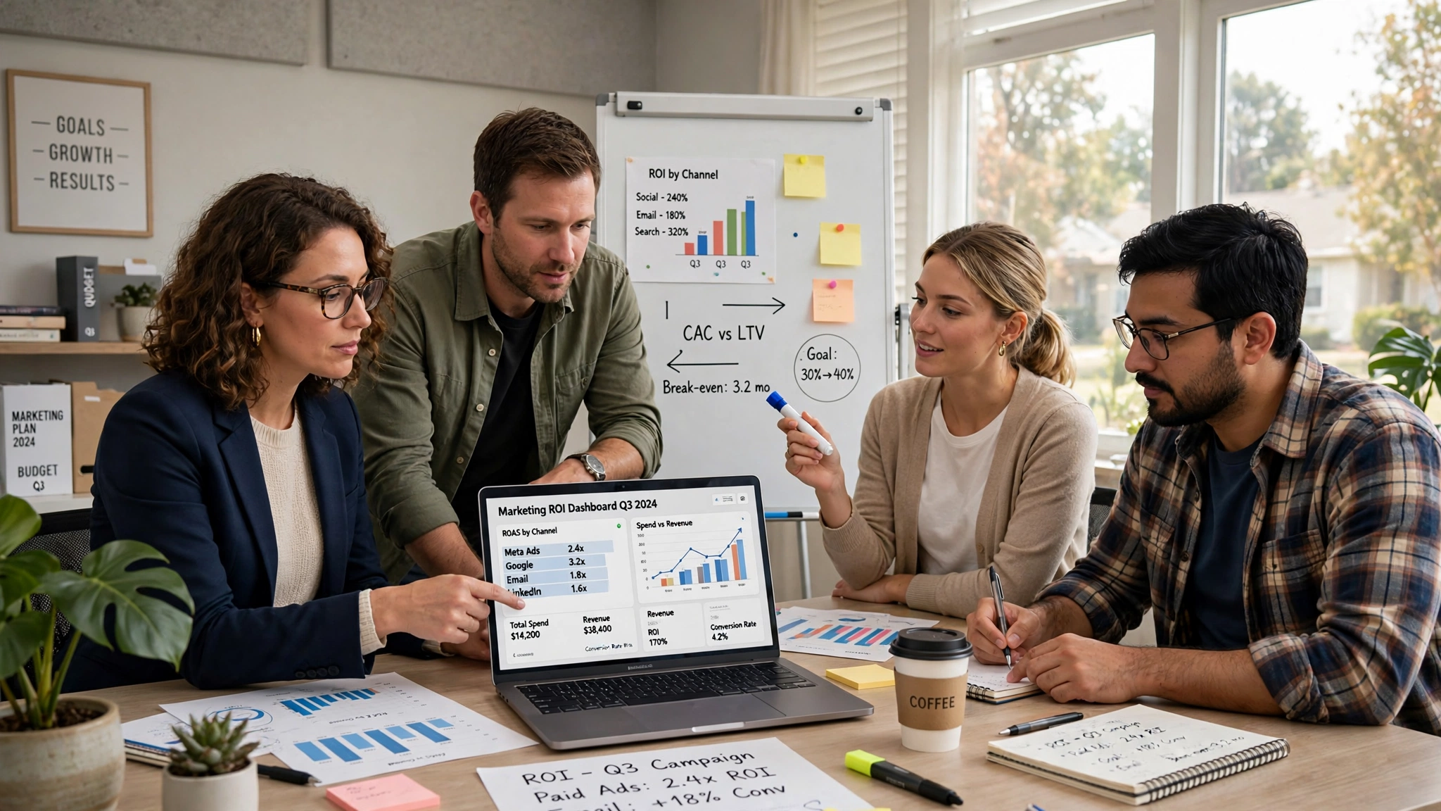 Small business team analyzing marketing ROI charts on a laptop and whiteboard in a bright office