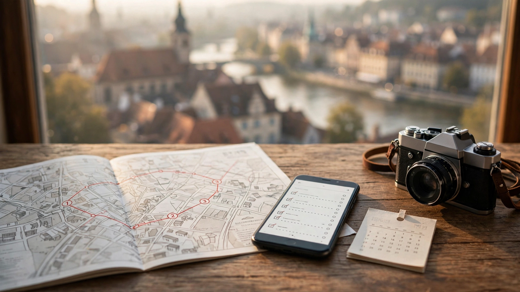 Planning a 3 day city break itinerary with a marked city map, phone checklist, calendar and camera