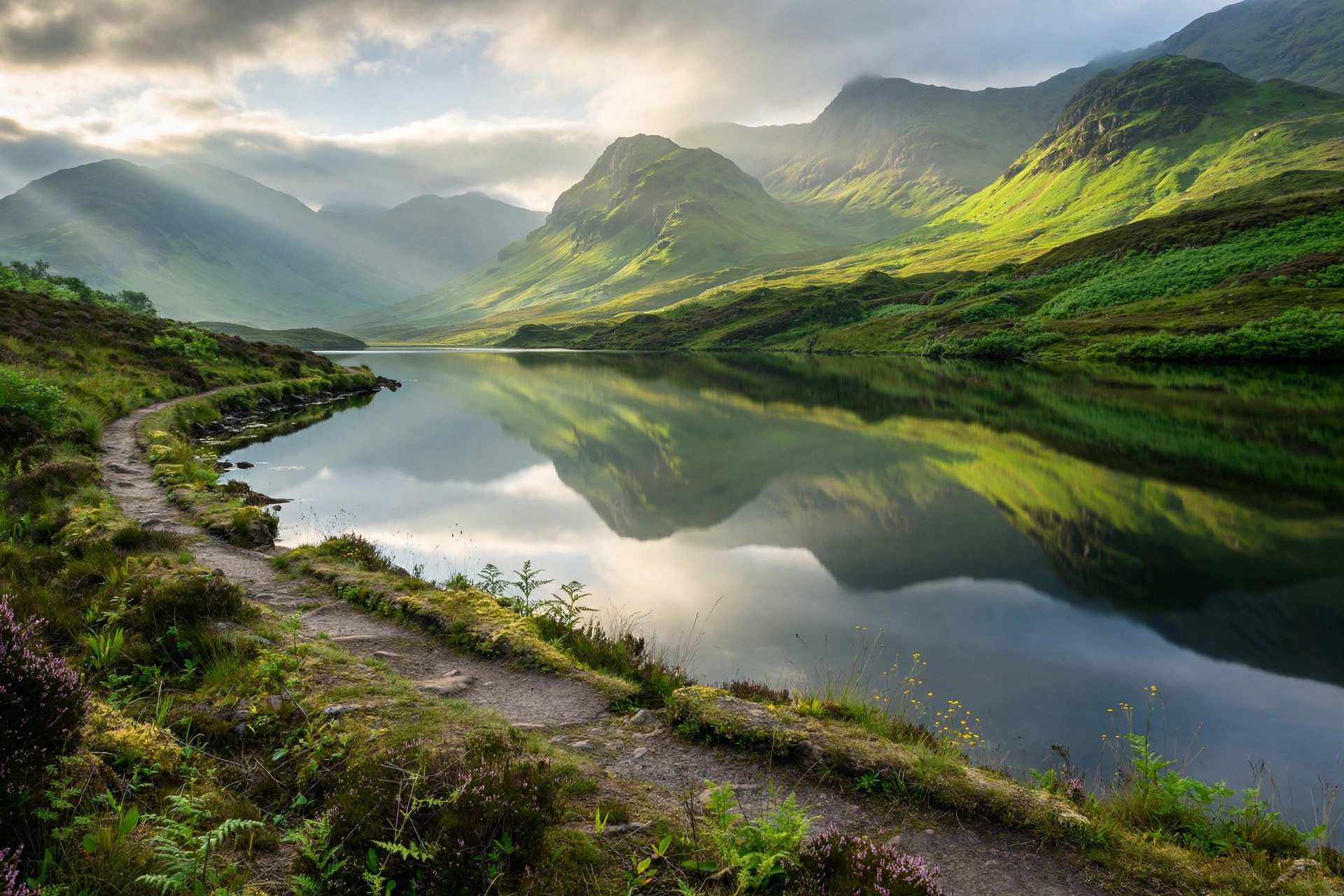A loch in the Scottish Highlands on a bright May morning with green mountains reflected in still water